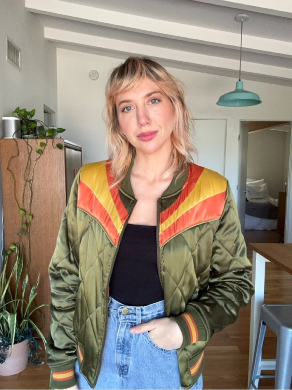 Classic Rock Couture 70s Vintage Style Olive Quilted Satin Bomber Jacket